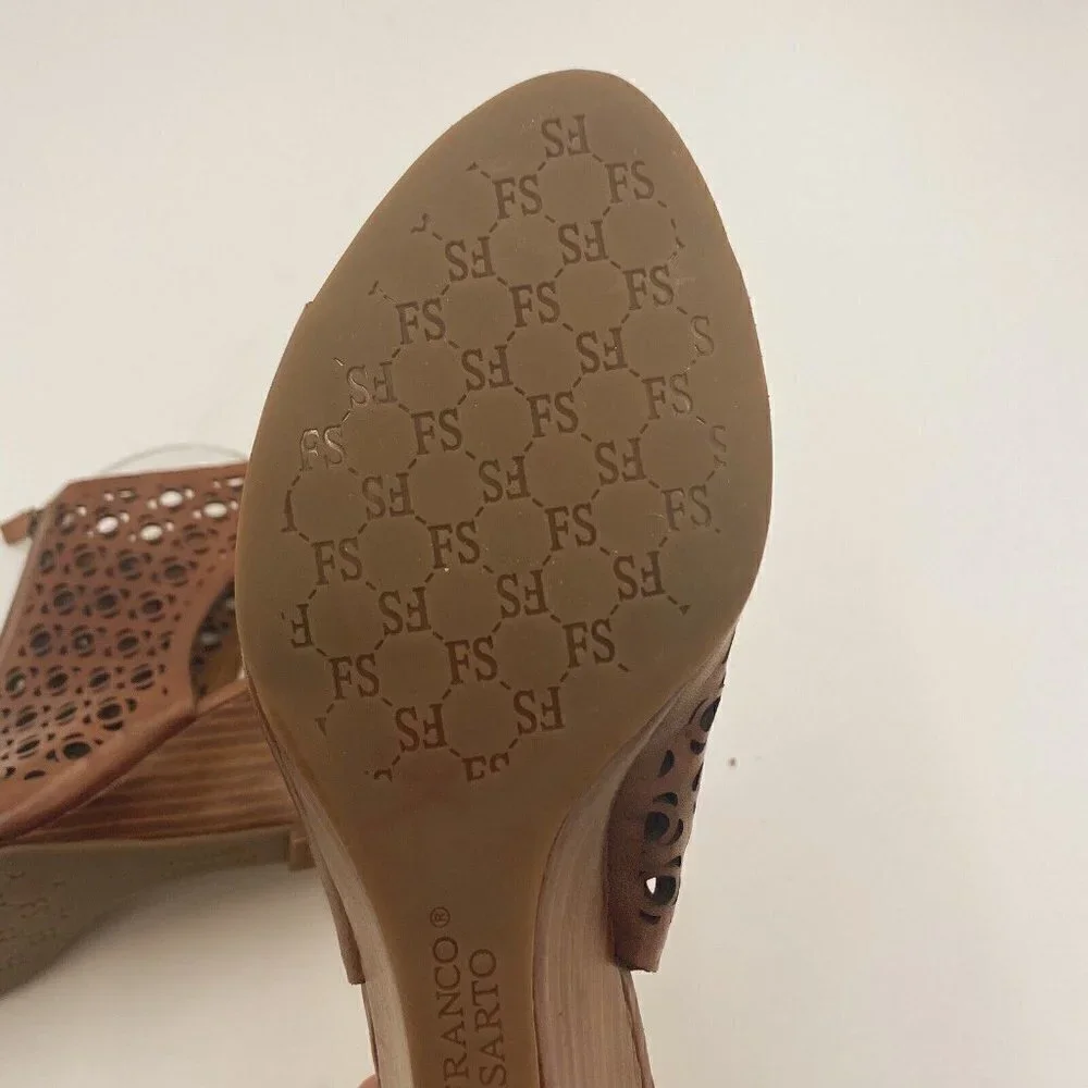 Franco Sarto Brown Laser Cut Leather Open Toe Wedge Booties Womens Size 6.5M